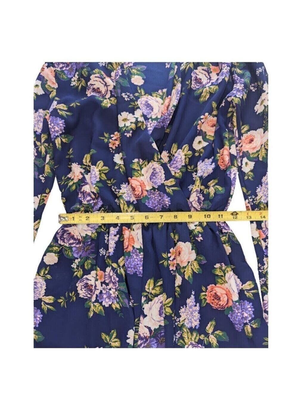 Honey Punch Navy Floral Wrap Romper – Long Sleeve, Ruffle Hem, Boho Romantic - Picture 5 of 8